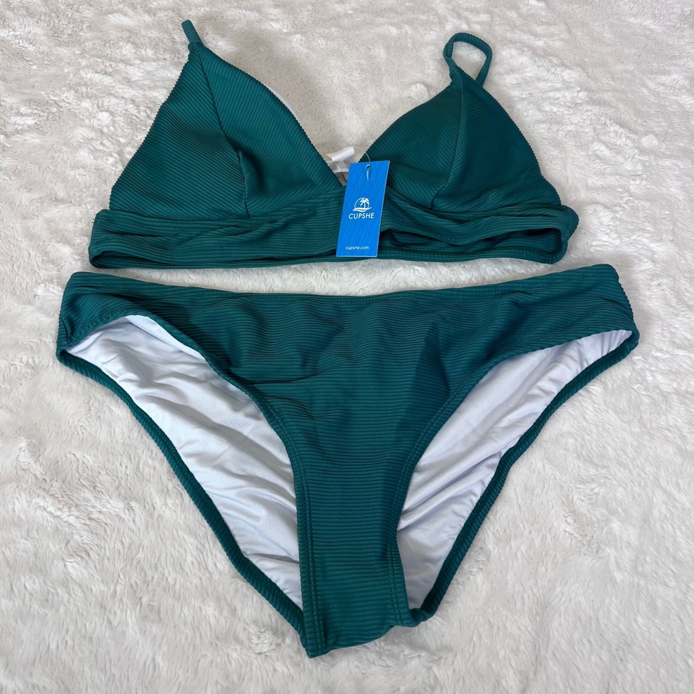 Cupshe Womens‎ Ribbed Triangle Bikini Set Forest Green Size XL T1S0043 NWT